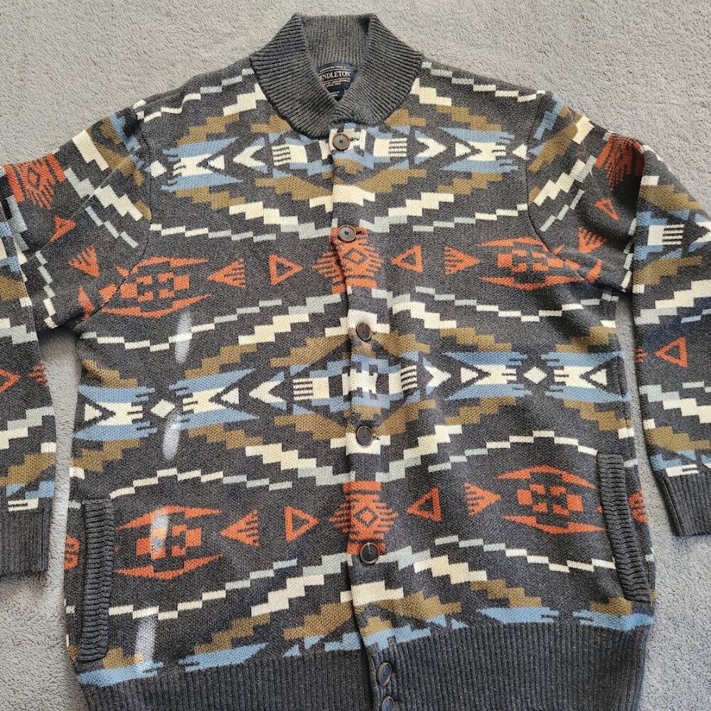 mens Pendleton Gray/blue/beige Aztec Carico Button-up Cardigan Sweater